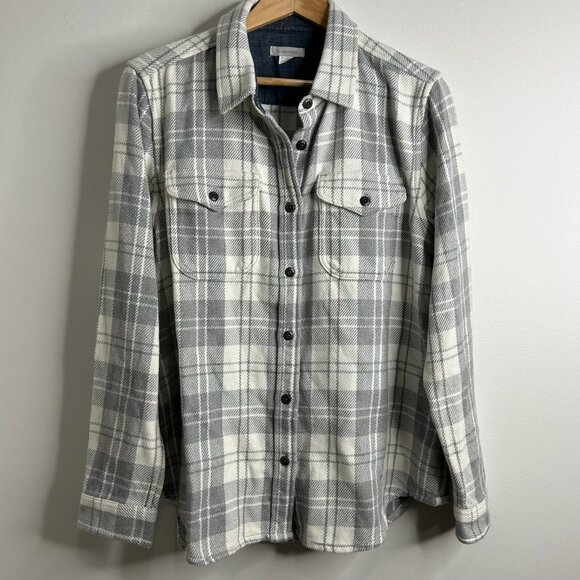 Outerknown Blanket Shirt Womens M/L Gray White Plaid Flannel Button Up Shacket - Picture 1 of 8